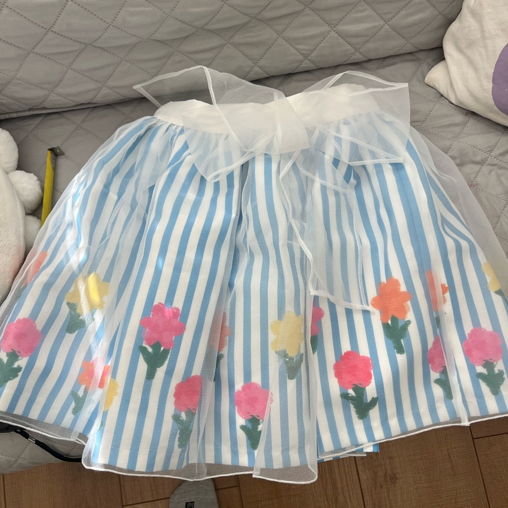 Charming Blue and White Striped Kids Skirt with Floral Design